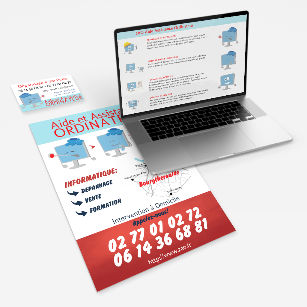 MockUp 2AO société dépannage informatique - site web - print -carte de visite - flyers - Création print – Anne Marchasson infographiste